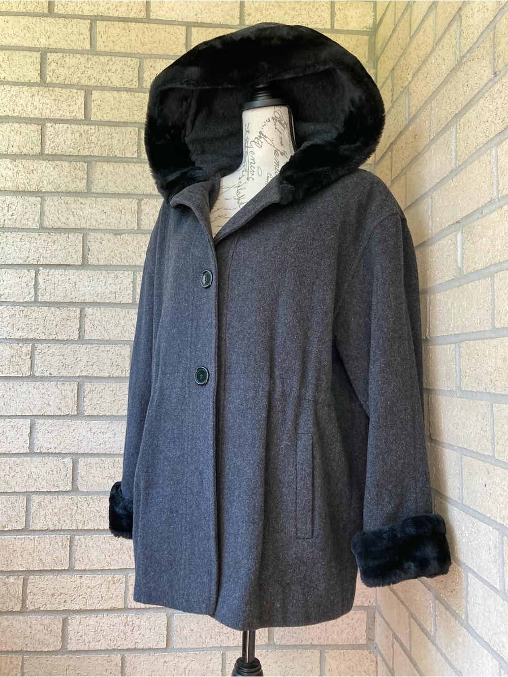 Albert Nipon Adjustable Waist Gray Wool Coat Black Faux Fur Hood & Cuffs XS - Picture 9 of 14
